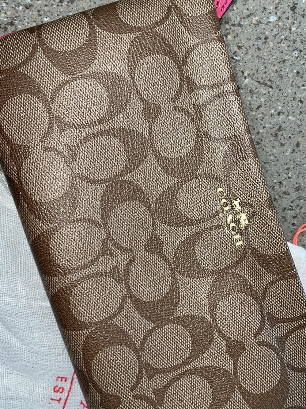 Coach Gold Monogram Wristlet with Pink Trim